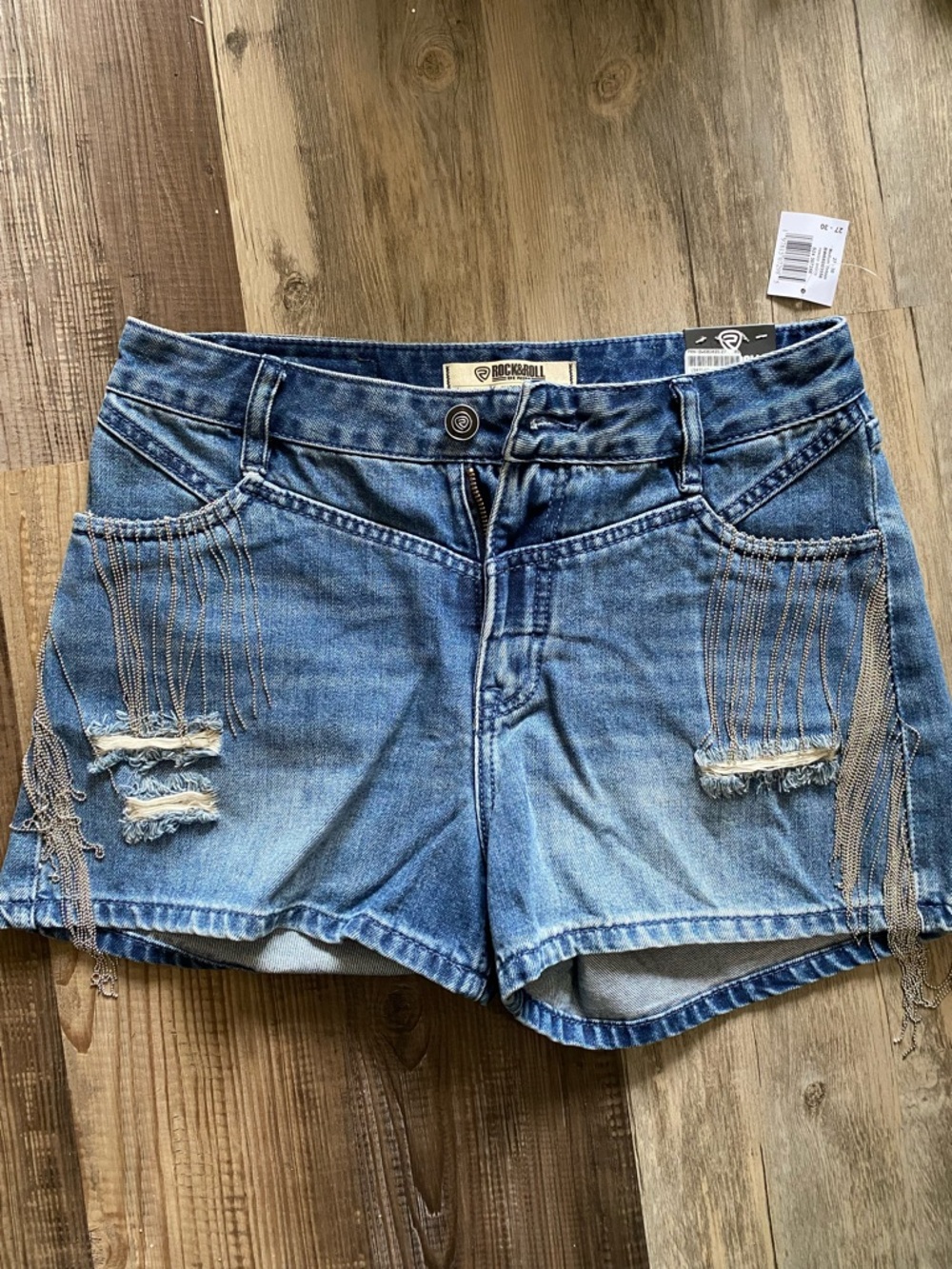 Rock & Roll Denim Blue Jean Shorts with Chain Fringe